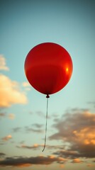 Red balloon floats against a sky with clouds at sunset, creating a feeling