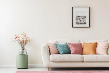 modern living room with sofa, beautiful plant vase on green table, vase beside sofa, many colorful pillows on sofa, there is black and white painting above sofa, white wall