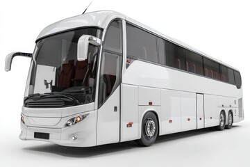 Sleek white modern tour bus with tinted windows and streamlined design in a studio setting.