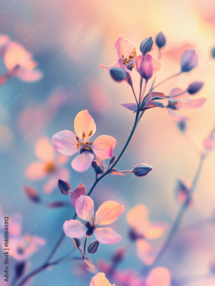 Poster Out-of-focus pastel flowers create a dreamy mood with soft bokeh in a serene and colorful background, evoking a peaceful atmosphere