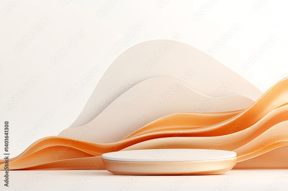 Aufkleber オレンジと白の抽象的な3dレンダリングステージ 白い背景に波の幾何学模様の背景 金色のアクセントのミニマルデザイン