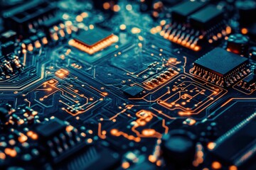 Obraz premium Examining Detailed Circuit Board with Microchips and Glowing Electronic Pathways