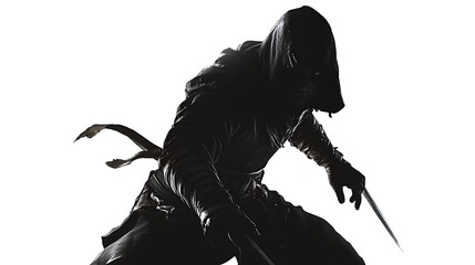 Fototapeta premium Silhouette of a mysterious figure in stealthy pose holding two glinting blades against a stark white background, suggesting an intense atmosphere of suspense and action