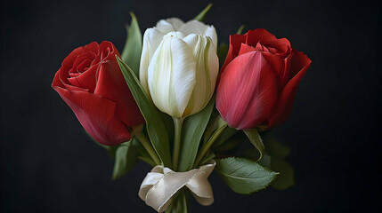Obraz premium Trio of roses and tulip with ribbon in full bloom against a dark background showcasing a simple elegance
