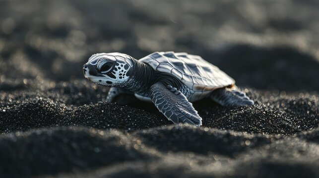 A tiny sea turtle crawls across dark, grainy sand, its patterned shell and curious gaze highlighted in the low light