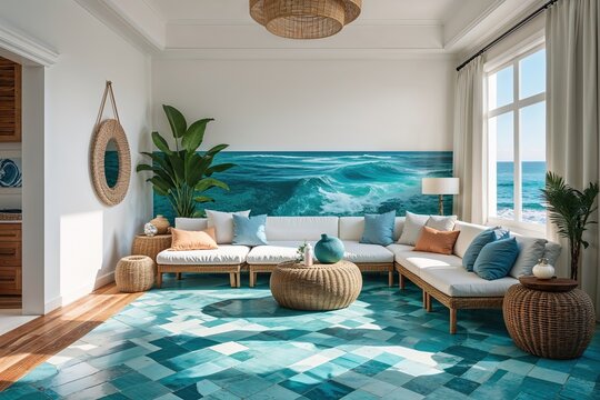 Refreshing Wall and Floor Layout with Clean White Walls and Ocean-Hued Floors