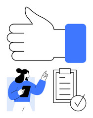 Hand giving approval, checklist with a tick, woman pointing while holding a tablet. Ideal for feedback, productivity, teamwork, organization, decision-making, evaluation abstract line flat metaphor