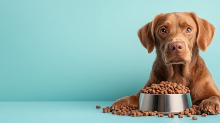 Fototapeta na wymiar A dog patiently waits beside a bowl filled with kibble, showcasing its adorable expression against a light blue background. This image captures the essence of pet companionship.