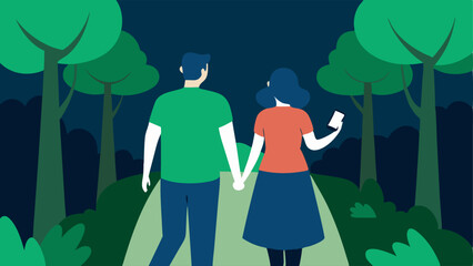 Nature Walk A couple walking hand in hand along a serene forest path showing their connection with their phones switched off in their pockets.