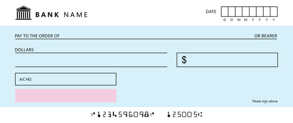 Minimalist light-blue checkbook check with black outlines and light-pink bar. Standard fields include Payee, Amount, Date, A/C No., and OR BEARER. Clean, neutral design for banking/financial themes.