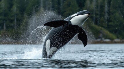 Obraz premium A majestic orca breaches the water, creating a splash against a forested backdrop. Powerful and dynamic wildlife photography