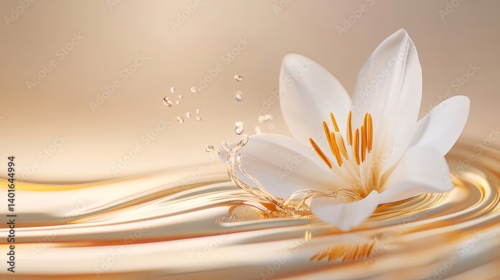 Aufkleber 白いユリの花びらと輝く水滴の背景に浮かぶ美しいゴールドの波状の背景
