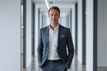 Portrait of a Belgian Executive in a Smart Casual Ensemble Standing in a Sleek Minimalistic Office Environment