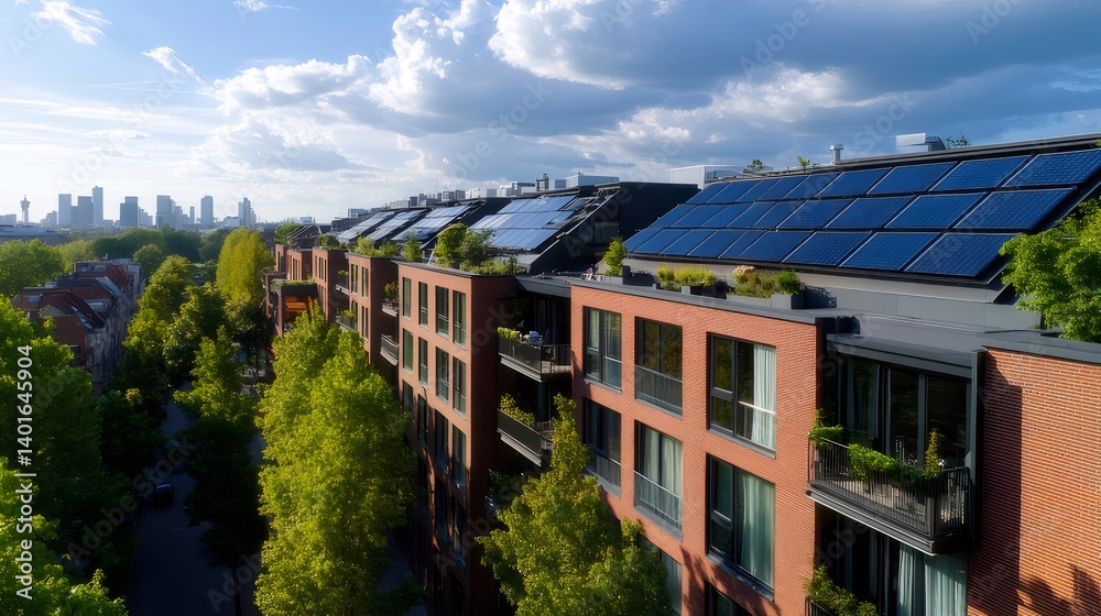 Poster 都市部の建物に設置された太陽光発電パネルと緑豊かな木々の風景 明るい日差しと青空が特徴的