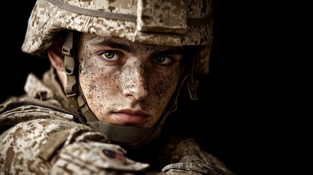 Soldier in combat gear, with camo face paint, looks intensely at the viewer