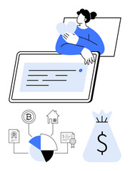 Person holding heart behind a tablet, financial icons thumbs up cryptocurrency, real estate, pie chart, and money bag. Ideal for finance, investment, saving, budgeting technology economy strategy