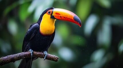 Fototapeta premium A vibrant toucan perches on a branch, its colorful beak glistening with raindrops against a lush green backdrop