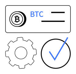 Bitcoin tag, blue BTC text, gear for settings, and checkmark for approval. Ideal for blockchain, cryptocurrency, finance, security tech validation trading. Minimal flat simple metaphor