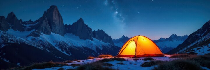 Glowing tent nestled amongst Dolomites, starlit sky , night photography, glow, night