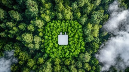 Aerial View Battery Icon in Forest Representing Green Energy and Sustainability