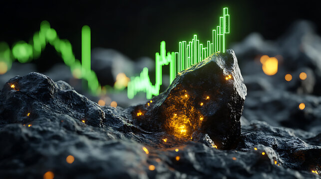 Glowing Green Chart Ascending on Dark Volcanic Rock: A Dramatic Financial Composition - Powered by Adobe