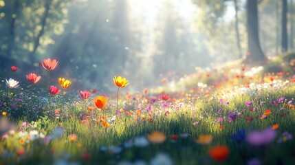 Fototapeta premium Meadow filled with colorful flowers under soft sunlight