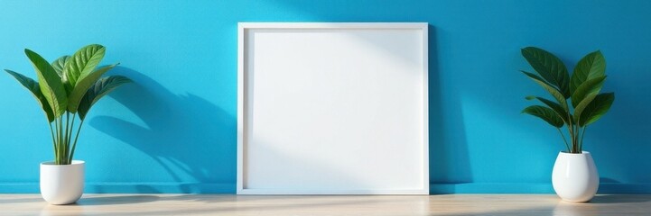Blank white frame against a vibrant blue wall, stylish room setting, simple, photo mockup