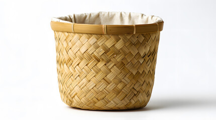Fototapeta premium A close up of a beautiful, natural woven bamboo basket isolated on a white backdrop.
