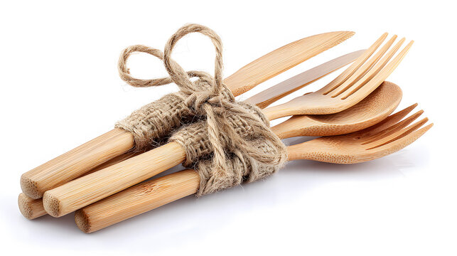 A set of bamboo cutlery tied with twine, offering an eco-friendly, rustic dining option.