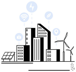 Modern cityscape with skyscrapers, wind turbines, solar panel, and digital icons for energy, connectivity, and environment. Ideal for technology, sustainability, innovation urban planning smart
