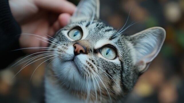 A captivating close-up of a tabby cat looking upwards, with striking green eyes and delicate whiskers. Soft, warm tones enhance its gentle expression - Powered by Adobe