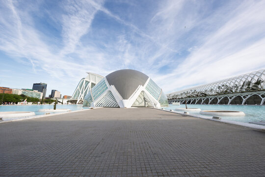 Valencia, spain 04 07 2025 hemispheric reflecting in the water of the city of arts and sciences in valencia