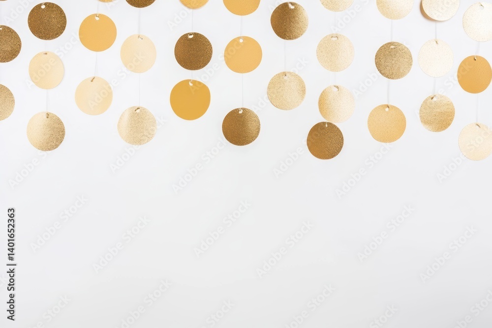 Wall mural gold circles suspended from the ceiling create a striking visual effect.