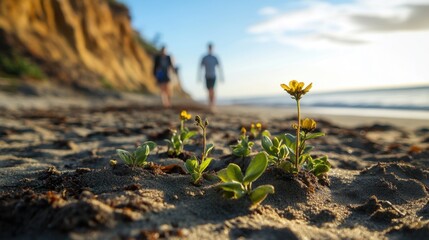 Coastal wildflowers bloom in dark sand, with blurred figures and a cliffside backdrop under a bright sky. A serene beach scene