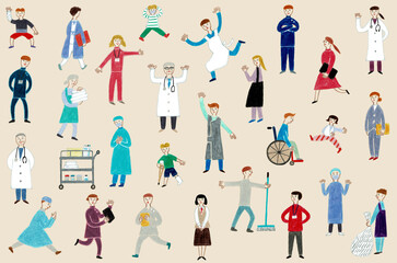 手描きイラスト　病院で働く人々と患者のイラスト