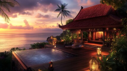 Fototapeta premium Tropical villa overlooking the ocean at sunset with a swimming pool, lanterns, palm trees, and vibrant colors reflecting on the water