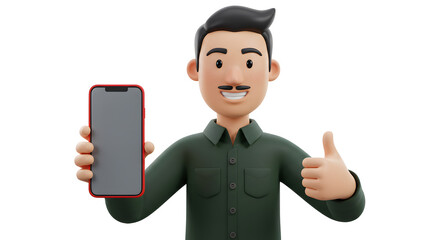 Cartoon man displaying smartphone with positive affirmation, showcasing mobile technology integration in digital communication with confidence
