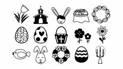 Vector collection of 45 thin line Easter icons with editable strokes. Features holiday elements such as egg painting, Easter bunny, spring flowers, church, lamb, chocolate, and festive wreaths. Consis