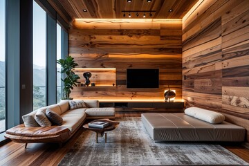 Modern Acacia Wood Feature Wall with Creative Mood Lighting for Stylish Interiors