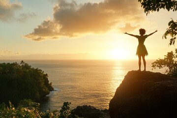 Fototapeta premium Peter Pan standing triumphantly on a cliff in Neverland, overlooking the ocean with the sun setting behind him 