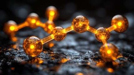 Illuminated Molecular Structure: A microscopic view of glowing atoms connected, revealing intricate details of the atomic bonds.  Science, technology, and innovation concepts.