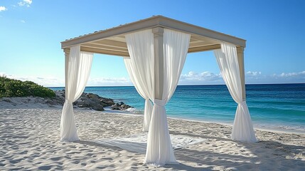 A picturesque beach gazebo with white drapes overlooking the turquoise ocean.