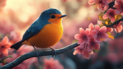 Fototapeta premium A vibrant bird perched on a branch of blooming pink flowers, creating a picturesque scene of nature's beauty