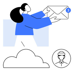 Female figure holding oversized envelope with notification, cloud and profile icon nearby. Ideal for messaging, networking, connection, information exchange, teamwork, email cloud storage. Flat