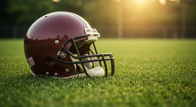 A red American football helmet rests on the green grass field