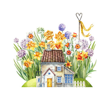 recommend clip art: Cozy cottage in spring daffodil flowers watercolor illustration isolated on white background.