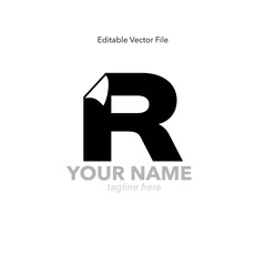 Bold letter R logo with corner peel effect in black. Peel logo effect.  Minimalist logo featuring a bold letter R with a peeled corner effect. R Icon. 