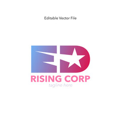 Modern rising star business logo with gradient and bold initials. ED logo with stylized initials, gradient colors, and a shooting star symbol, representing growth, ambition, and forward momentum