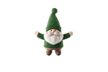 Green gnome wearing a green sweater is standing on a white background, isolated
