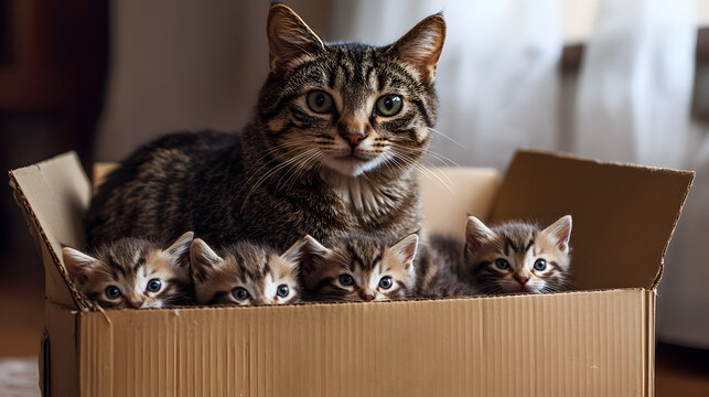una caja de carton con gatitos recien nacidos con su mama cuidandolos tiernos y adorables 